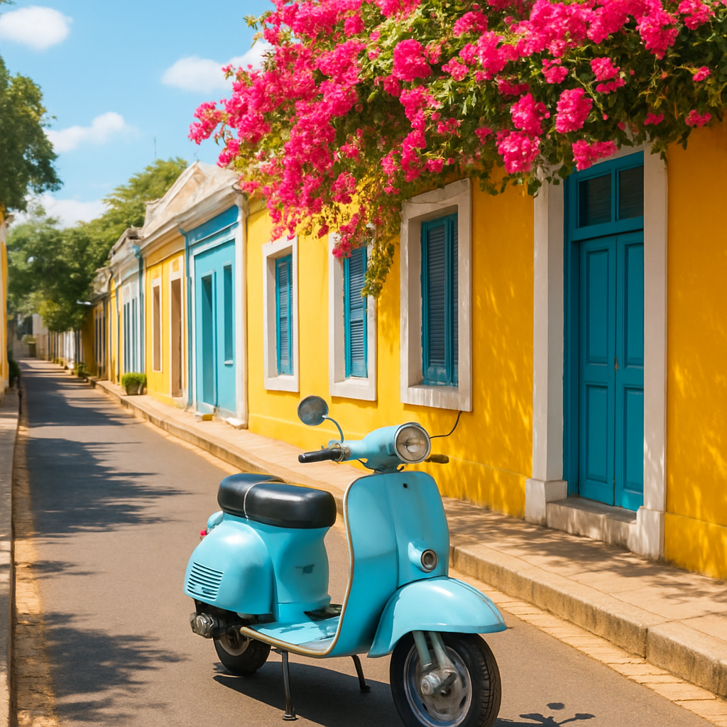 Scooter on a colourful White Town street