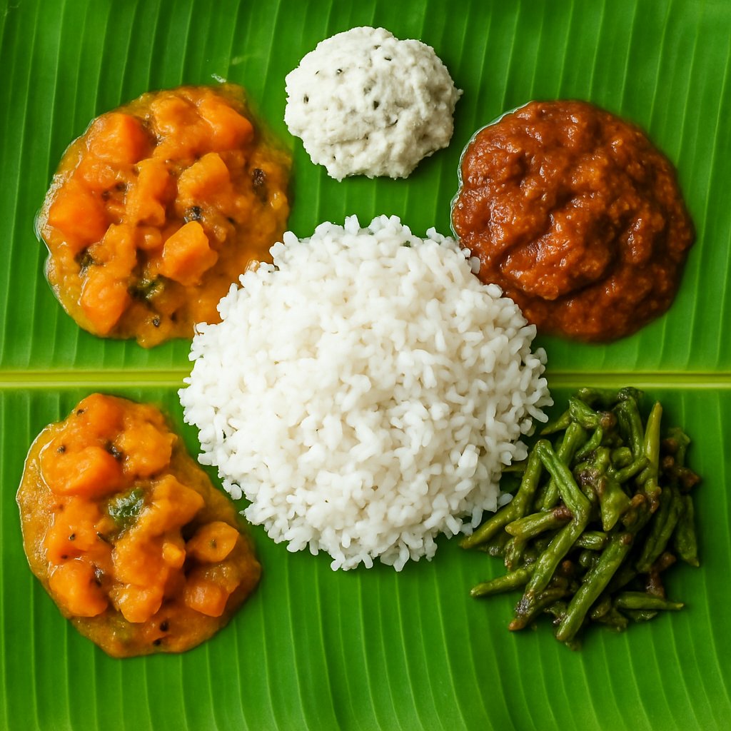 Home-cooked South Indian meal on a banana leaf