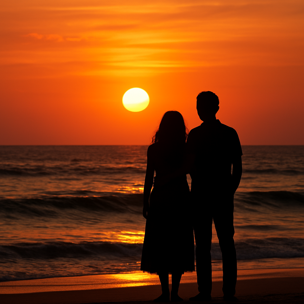 Couple watching the sunset on a Pondicherry beach
