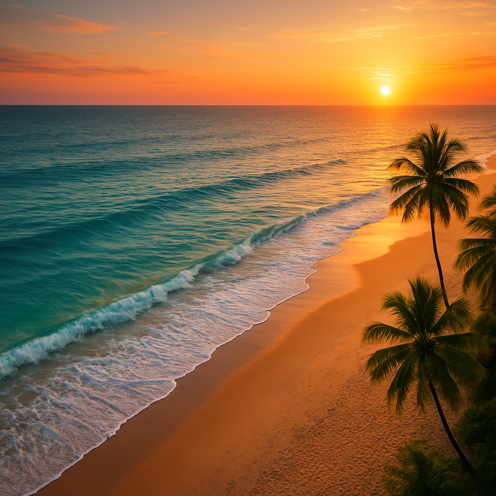 Golden-hour aerial view of a Pondicherry beach with turquoise water